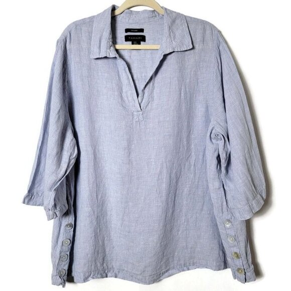 Tahari Blue Linen Boho Beachy Lagenlook V-Neck Pullover Popover Blouse Top 2X - Picture 1 of 9